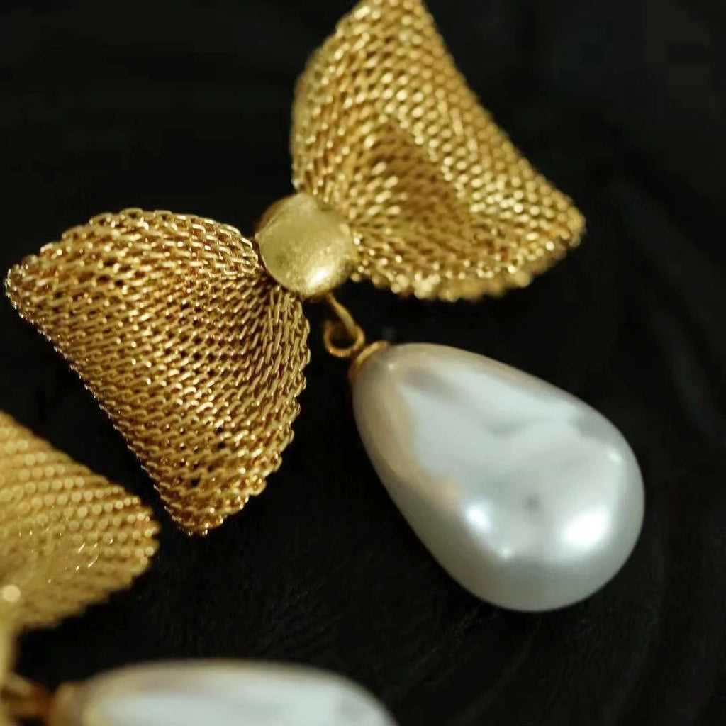 Vintage Water Drop Pearl Bow Earrings